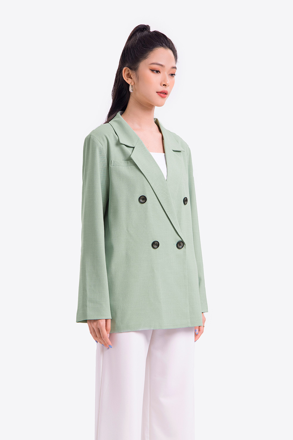 Áo khoác blazer xanh tay dài phối nút