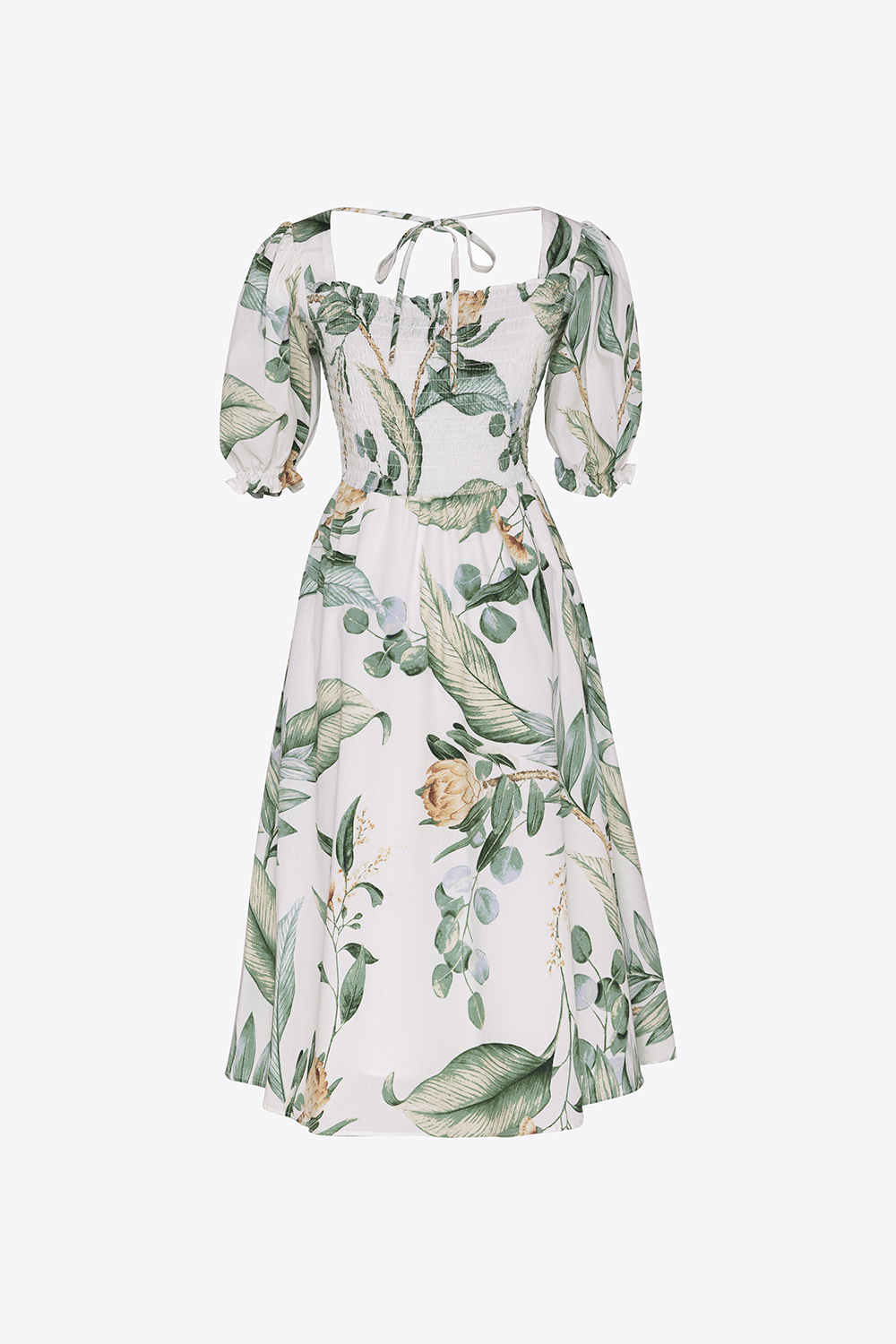 Đầm xòe họa tiết ngực bo chun tay phồng 