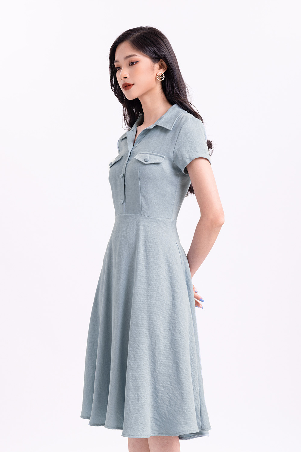 Đầm công sở dáng xòe cổ sơ mi 