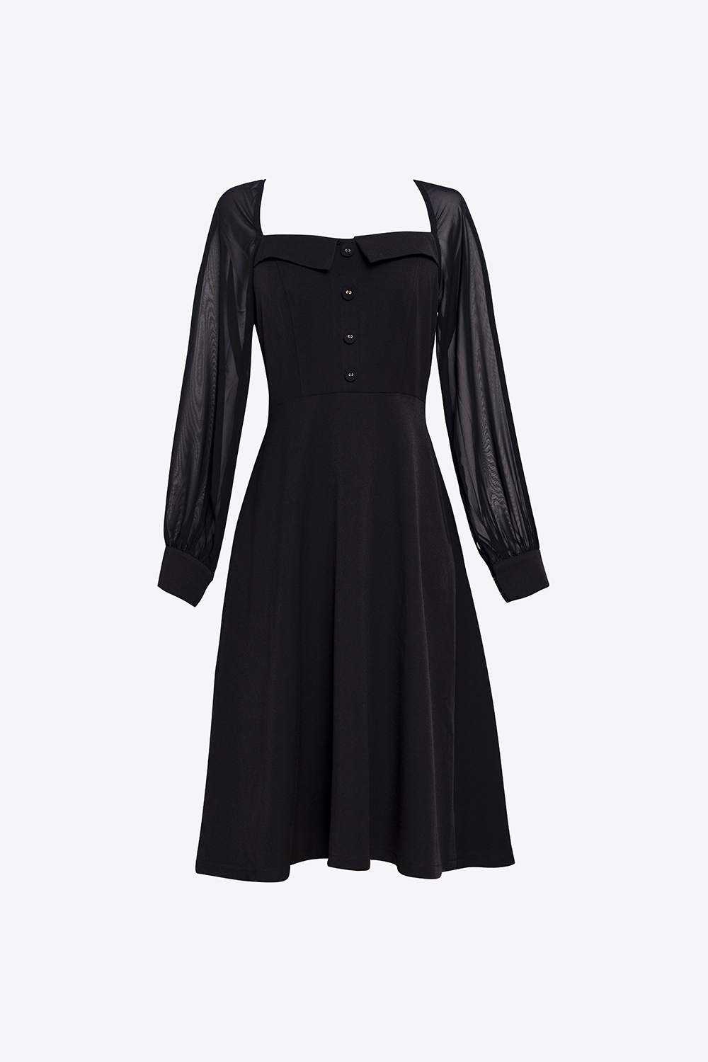 Đầm công sở dáng xòe màu đen phối nút 