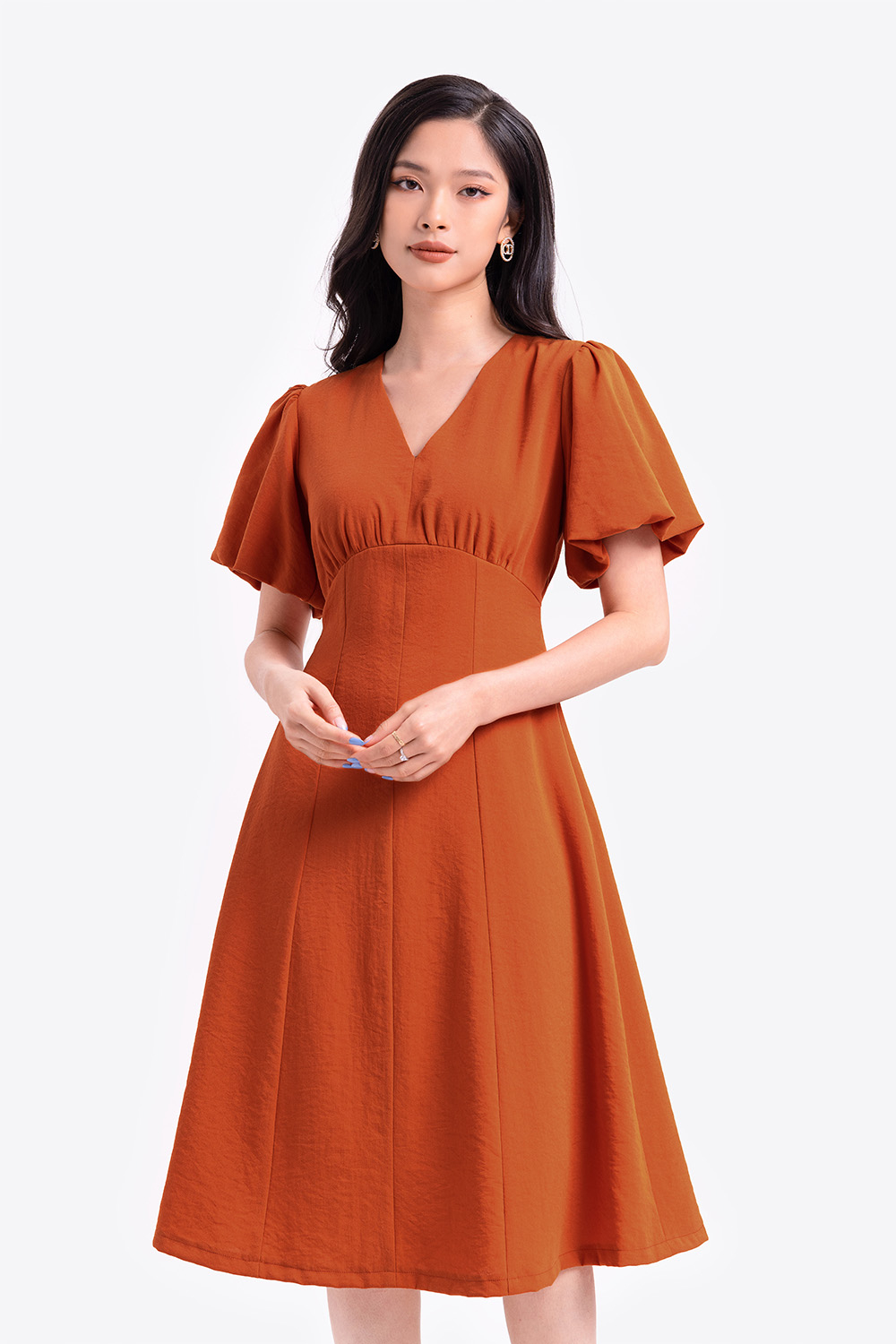 Đầm chữ A công sở eo cao tay phồng 