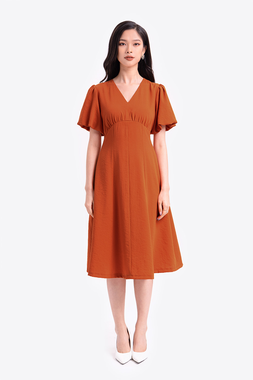 Đầm chữ A công sở eo cao tay phồng 