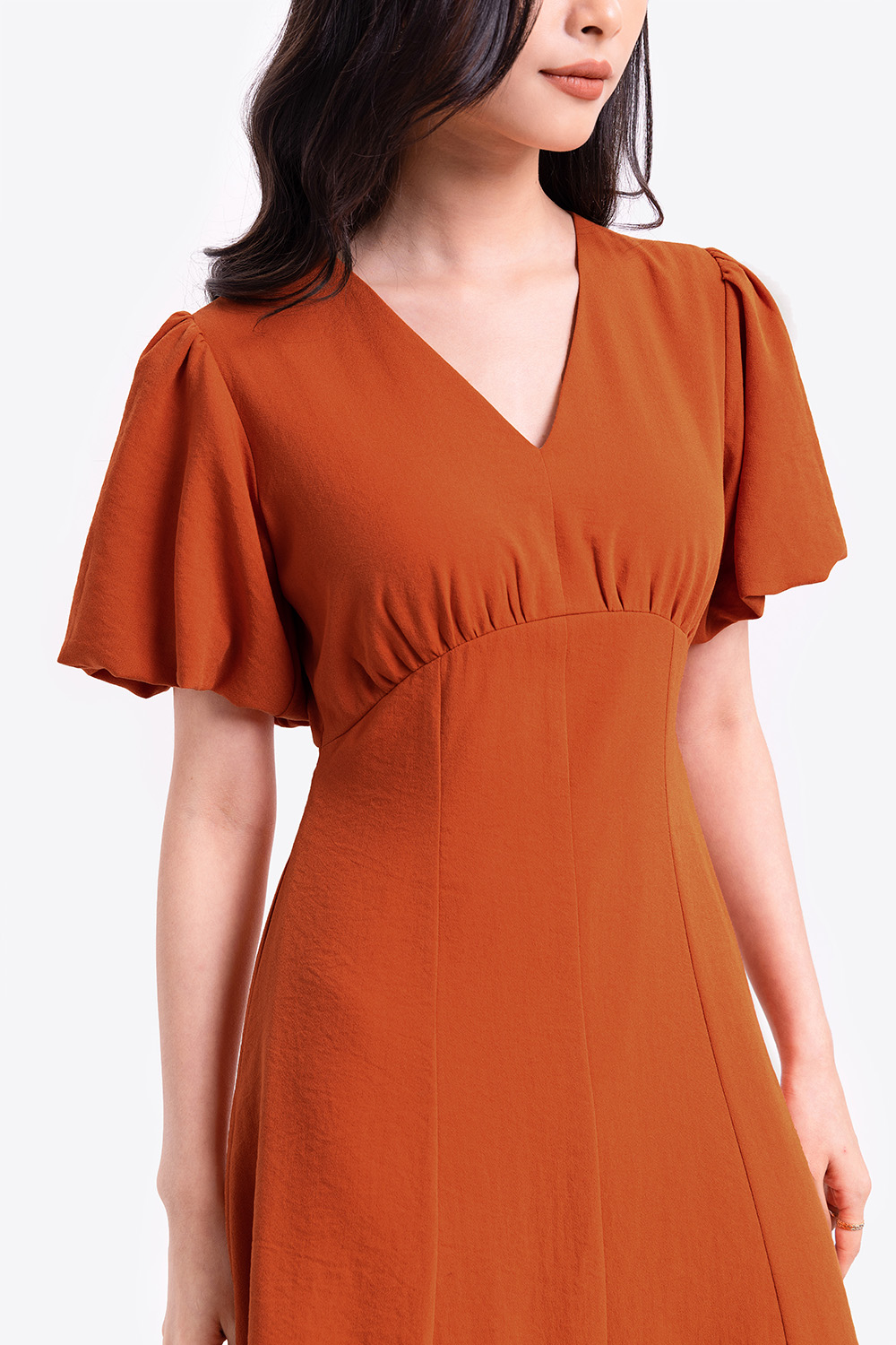 Đầm chữ A công sở eo cao tay phồng 