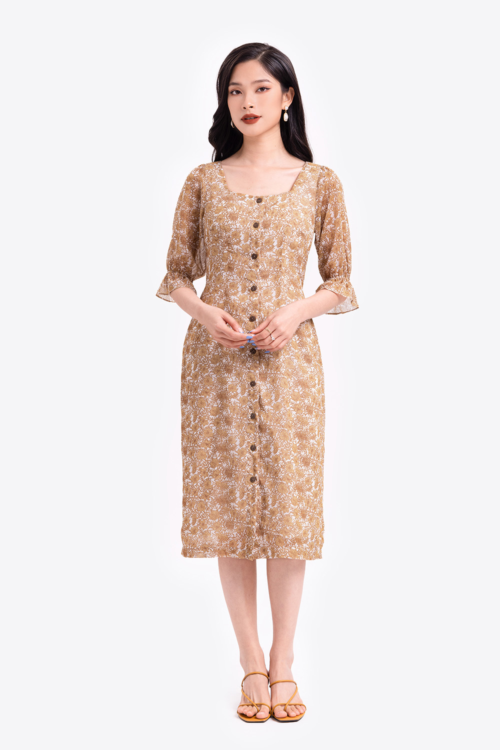 Đầm sơ mi hoa công sở phối dây nơ eo 