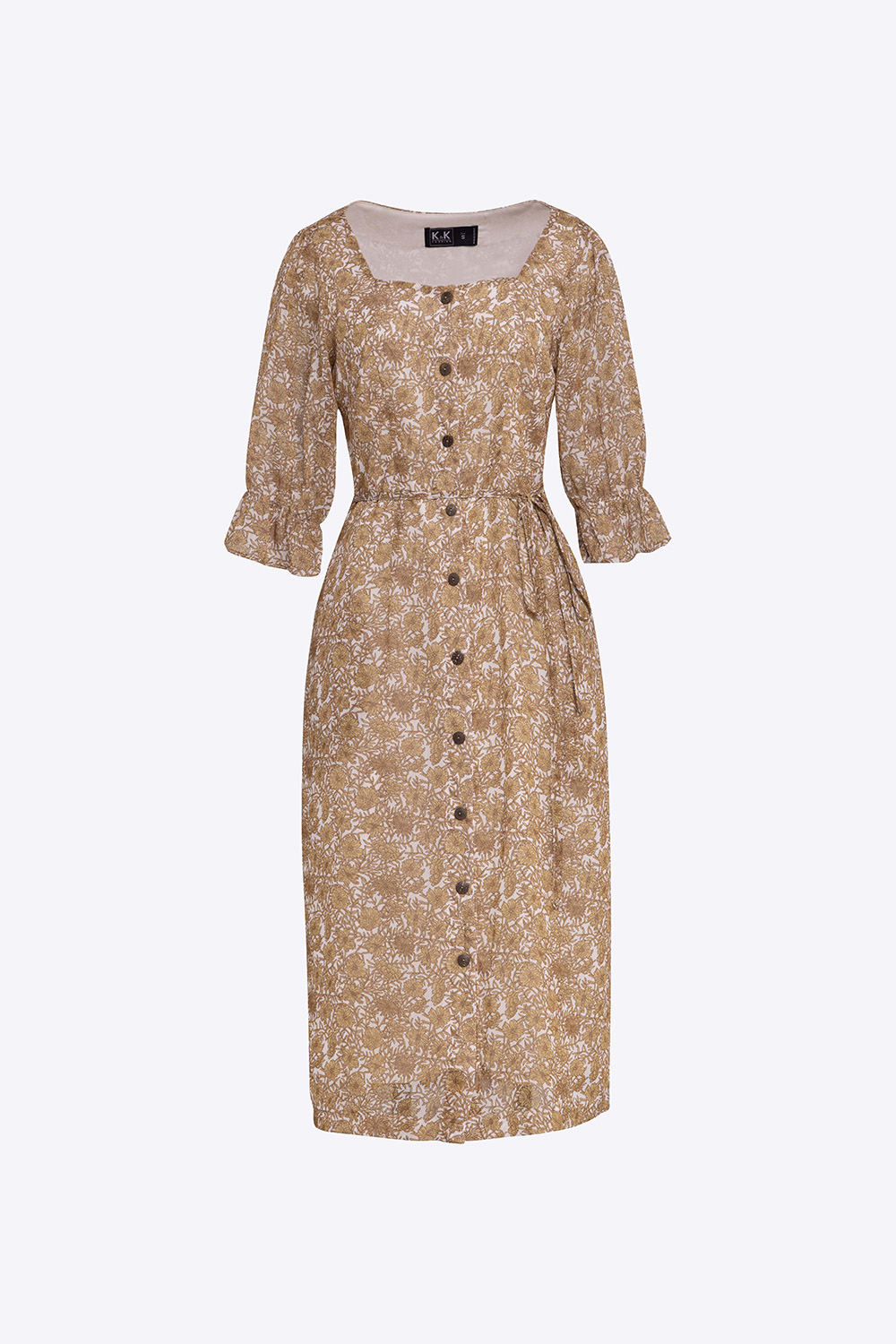 Đầm sơ mi hoa công sở phối dây nơ eo 