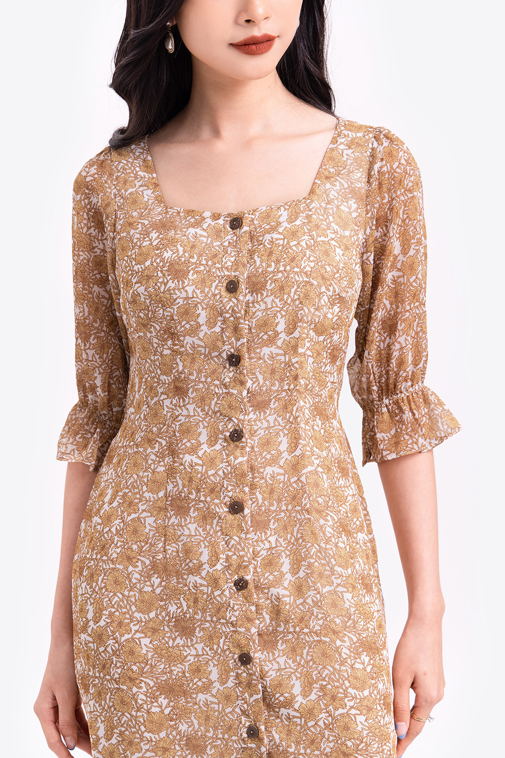 Đầm sơ mi hoa công sở phối dây nơ eo 