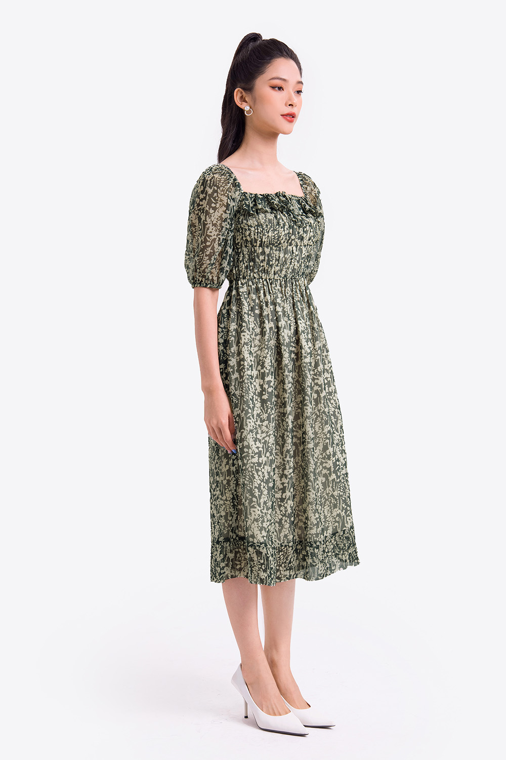 Đầm voan họa tiết cổ viền bèo dáng xòe