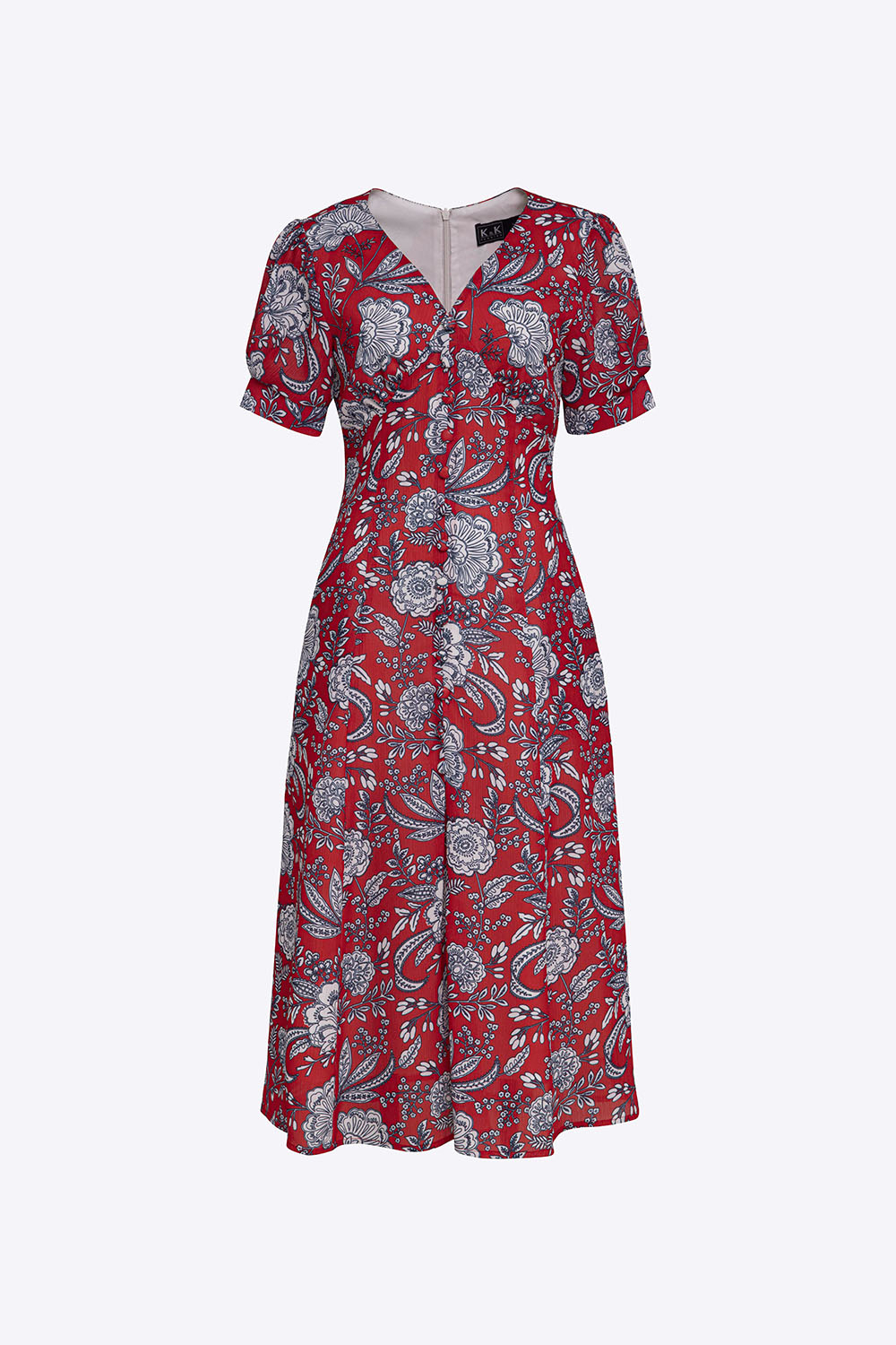 Đầm hoa công sở dáng chữ A đính nút 