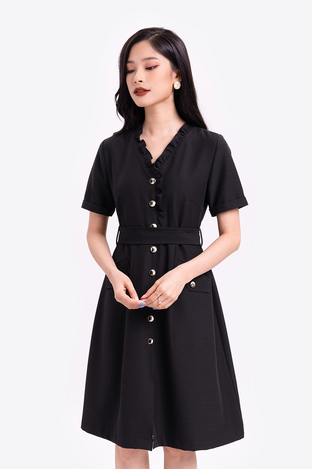 Đầm đen sơ mi công sở eo thắt nơ 