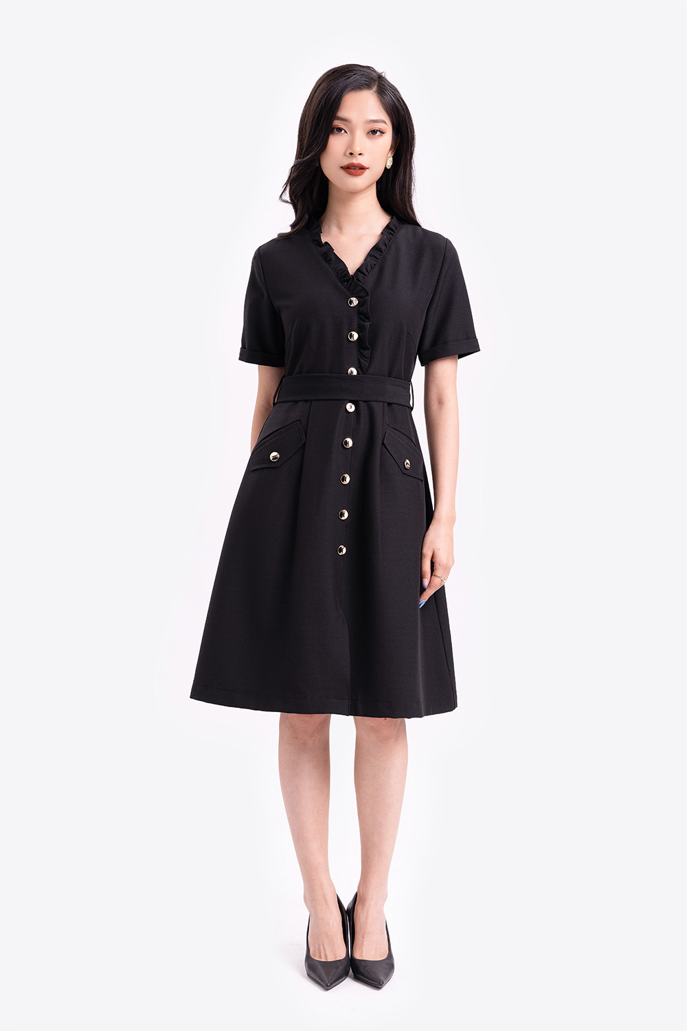 Đầm đen sơ mi công sở eo thắt nơ 