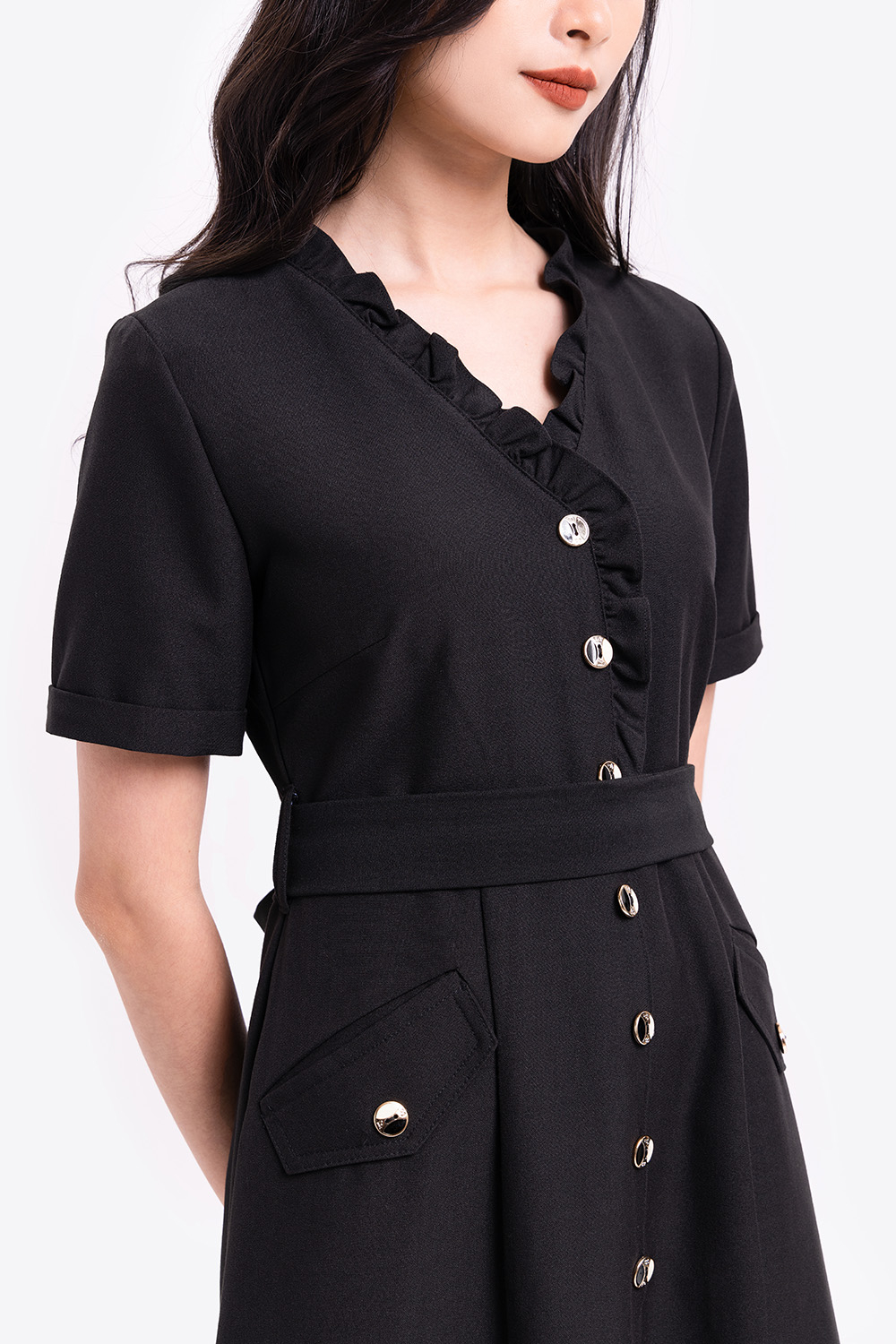 Đầm đen sơ mi công sở eo thắt nơ 