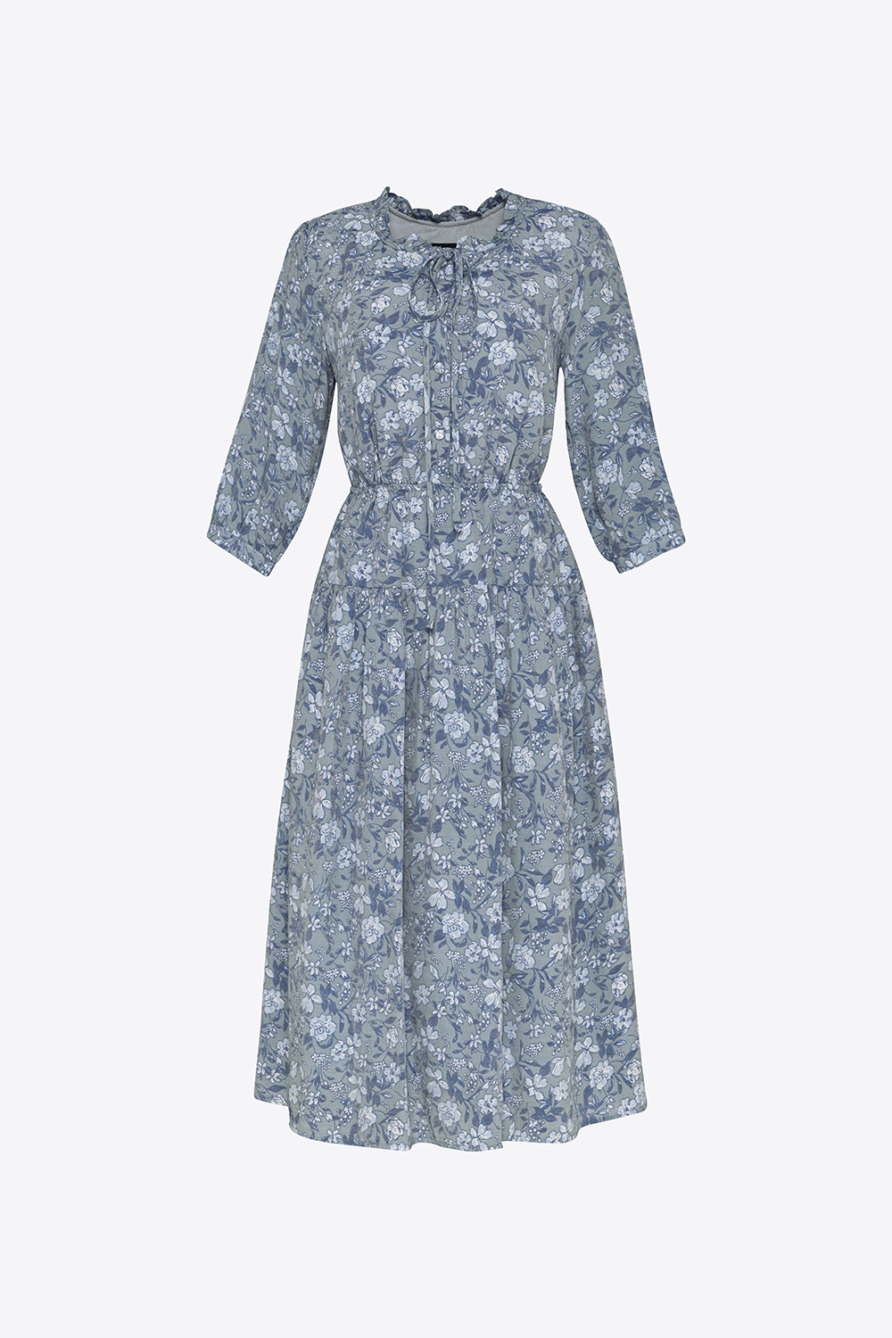 Đầm xòe hoa nhấn eo cổ viền bèo đính nơ 