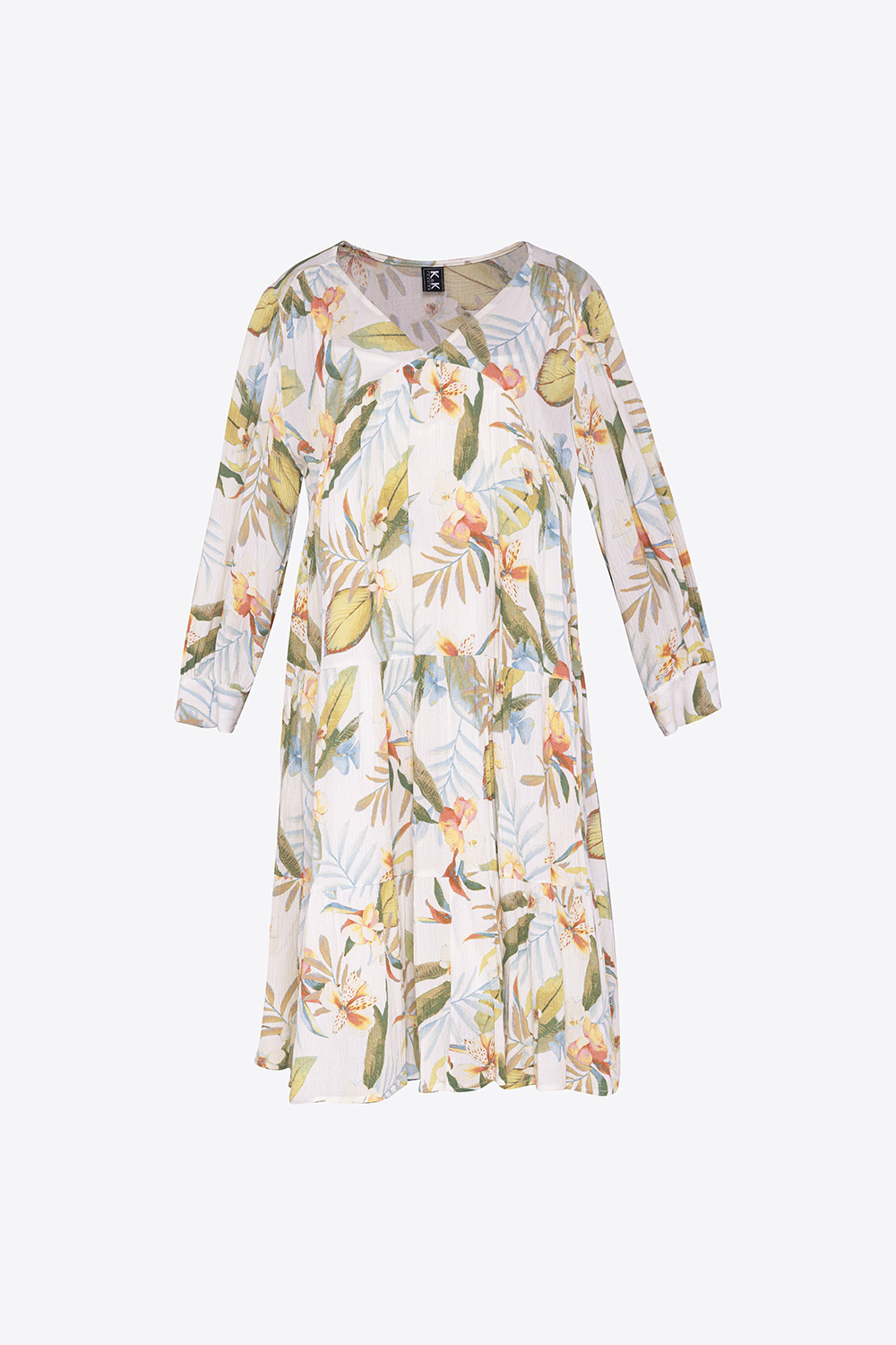 Đầm babydoll hoa nhí cổ V tay dài 