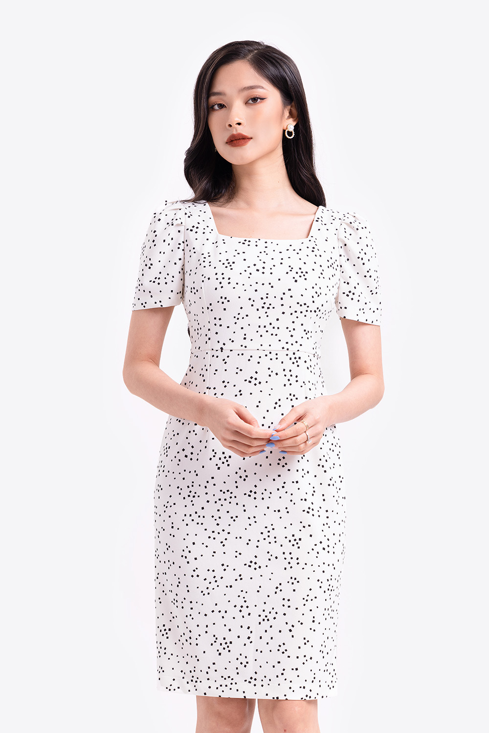 Đầm thun công sở họa tiết chấm bi 