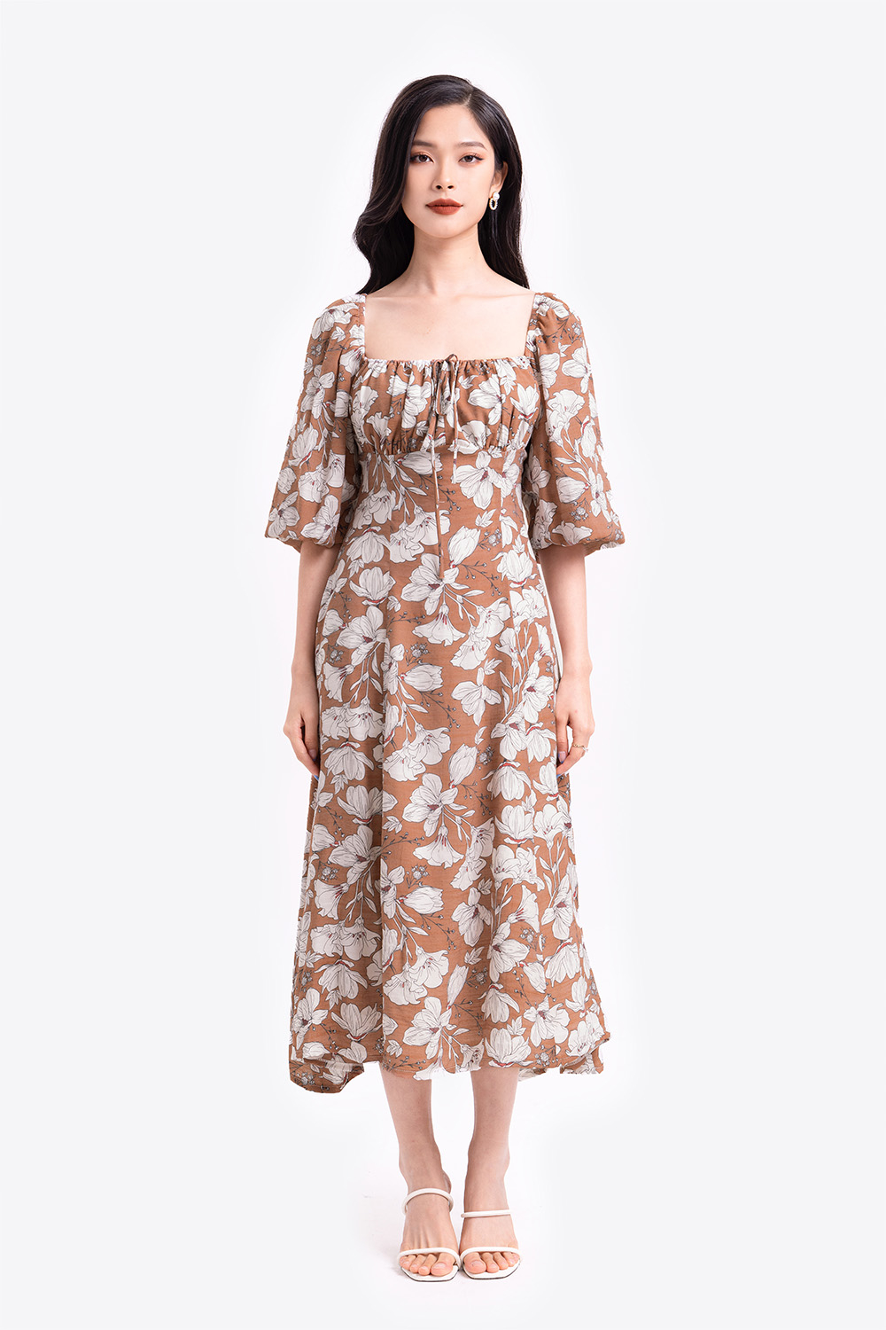 Đầm hoa midi cổ vuông tay phồng