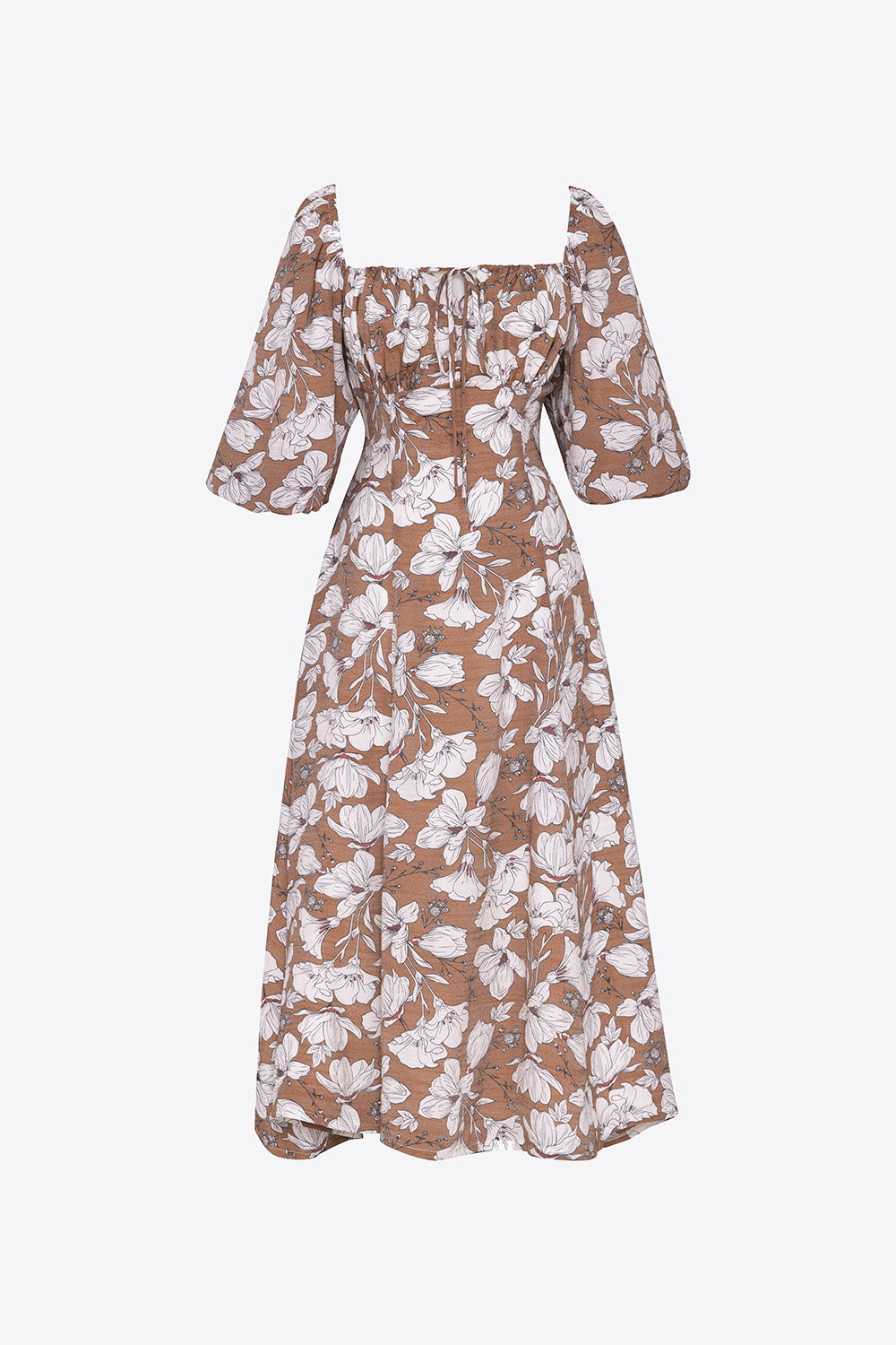 Đầm hoa midi cổ vuông tay phồng