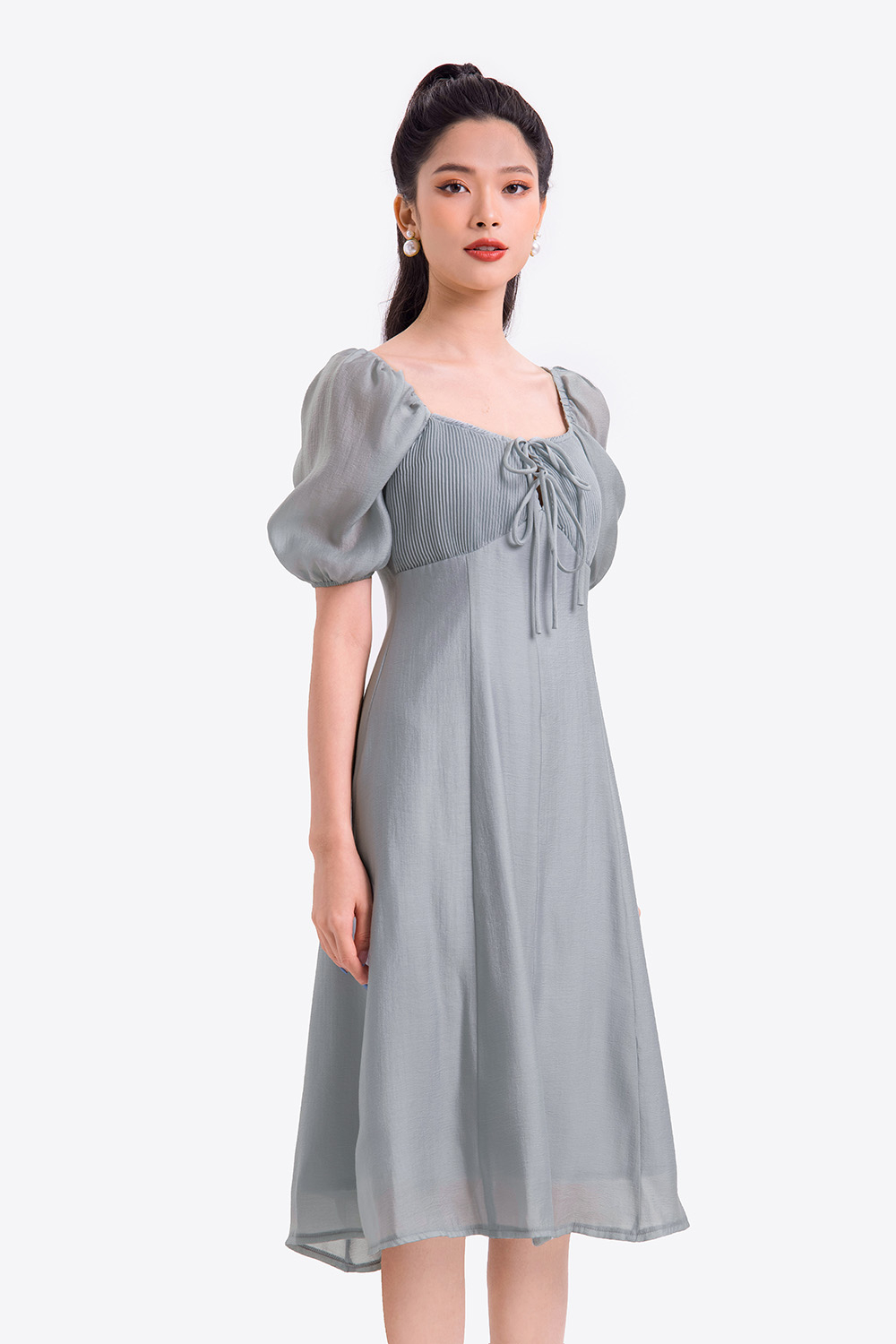 Đầm xòe công sở ngực xếp ly tay phồng 