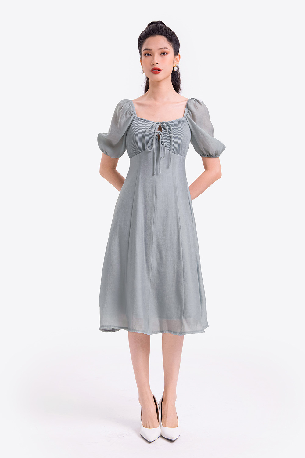 Đầm xòe công sở ngực xếp ly tay phồng 