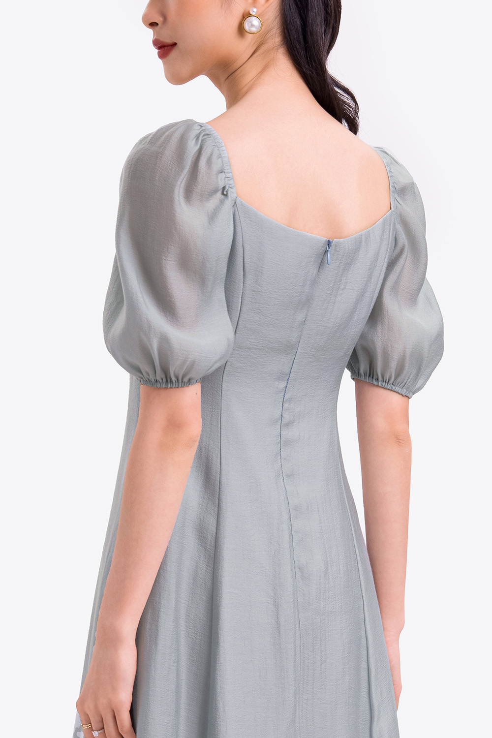 Đầm xòe công sở ngực xếp ly tay phồng 