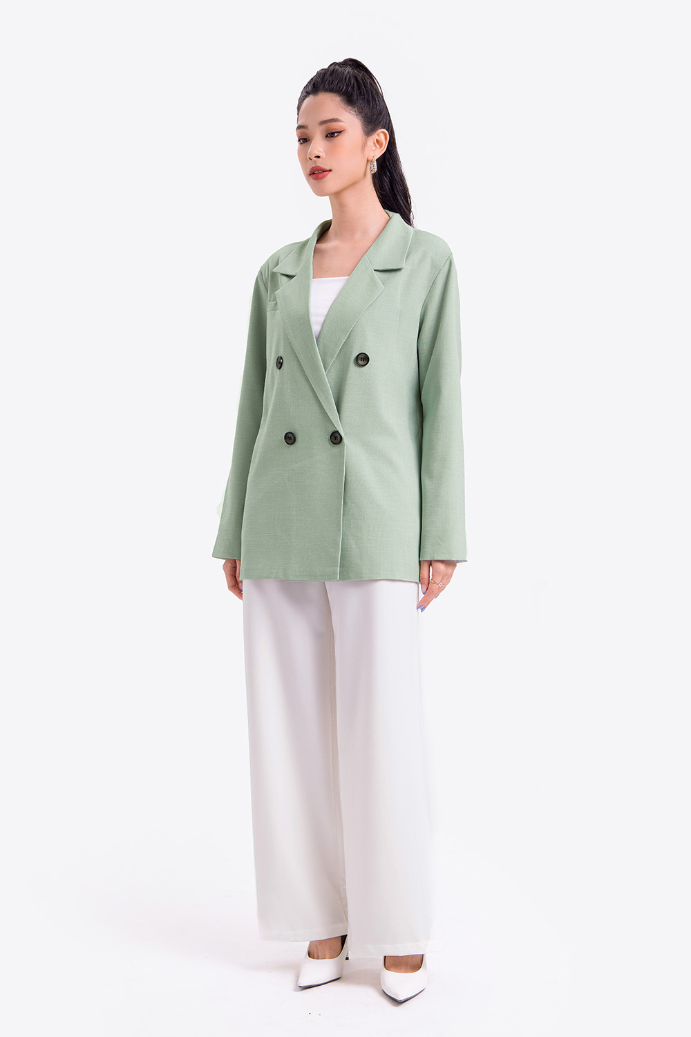 Áo khoác blazer xanh tay dài phối nút