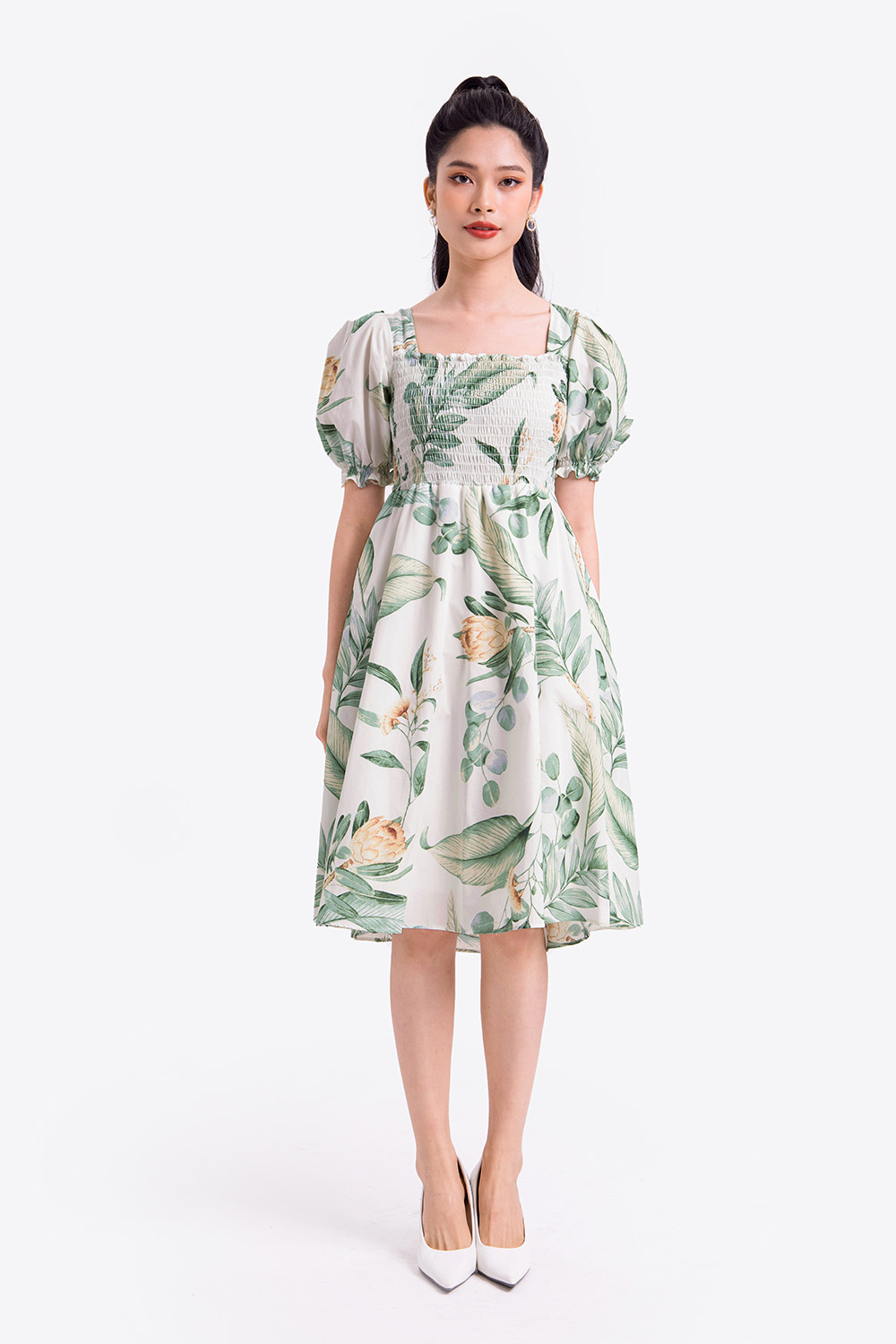 Đầm xòe họa tiết ngực bo chun tay phồng 