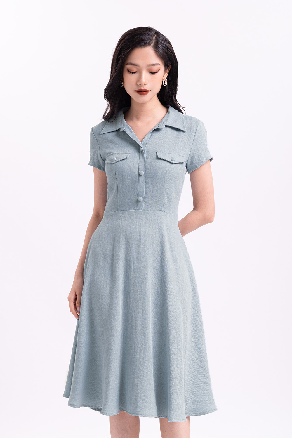 Đầm công sở dáng xòe cổ sơ mi 