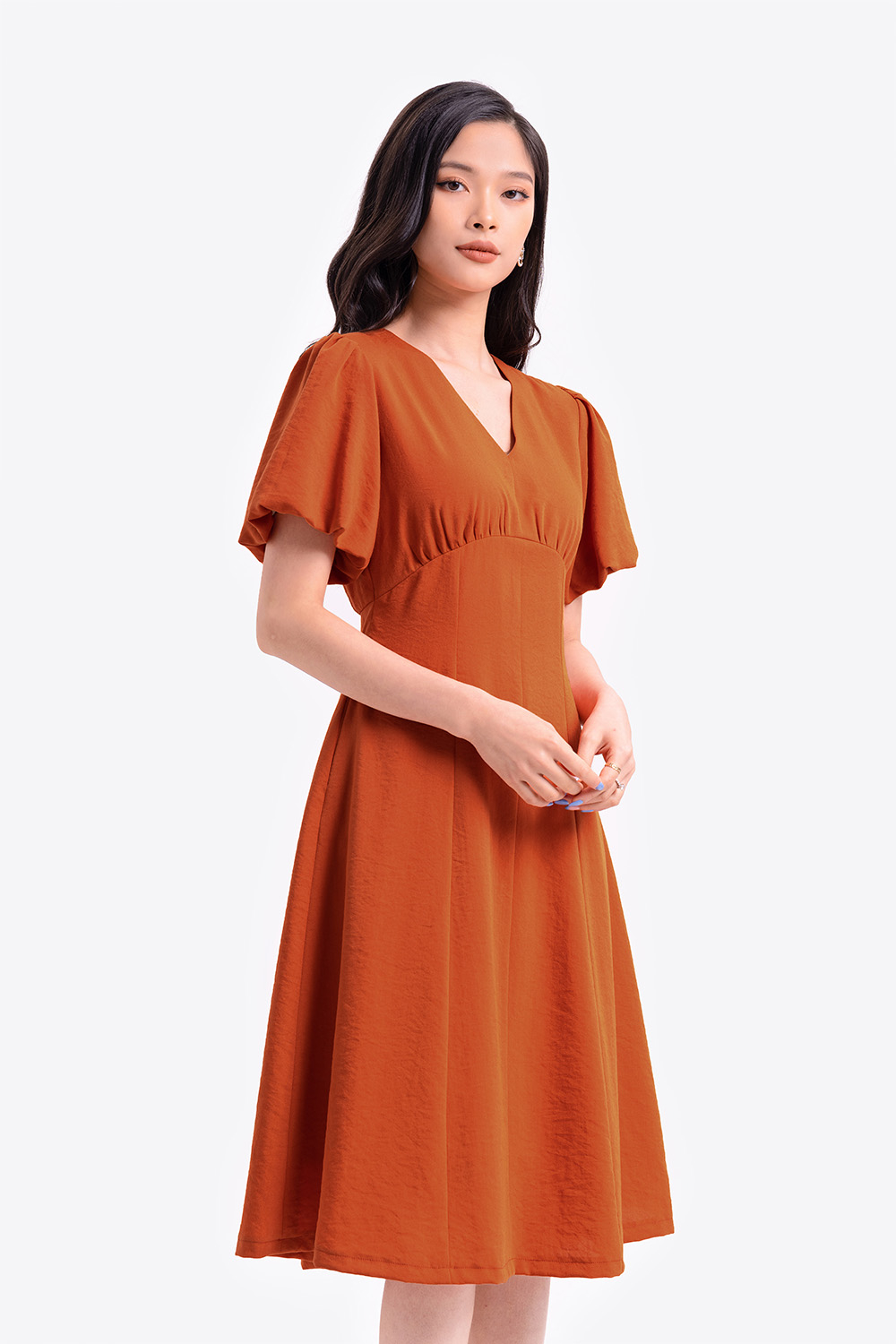 Đầm chữ A công sở eo cao tay phồng 