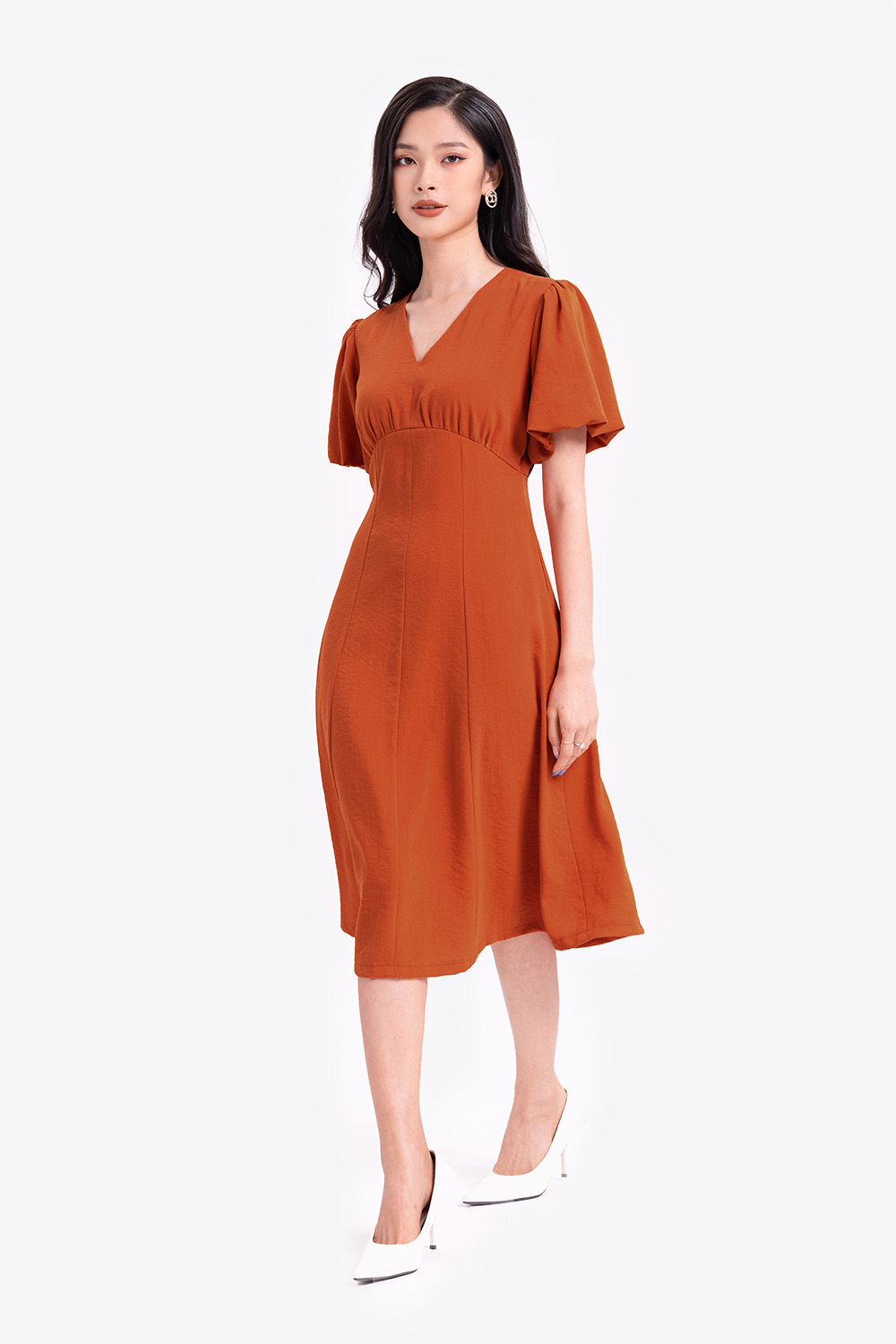 Đầm chữ A công sở eo cao tay phồng 