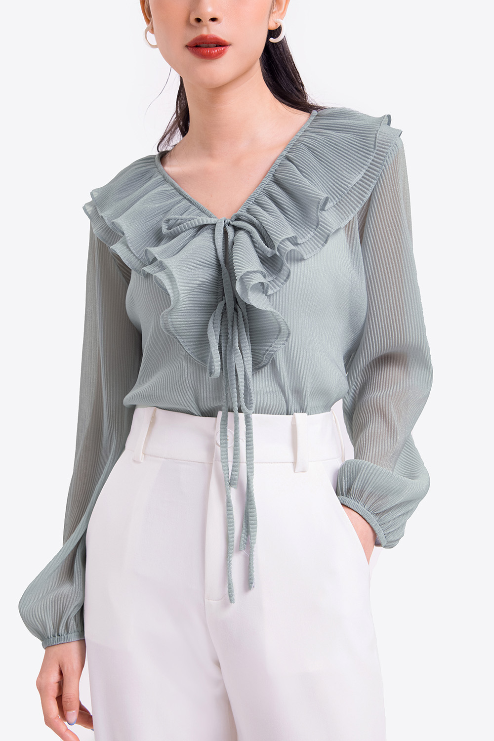 Áo kiểu voan dập ly cổ nhún bèo 