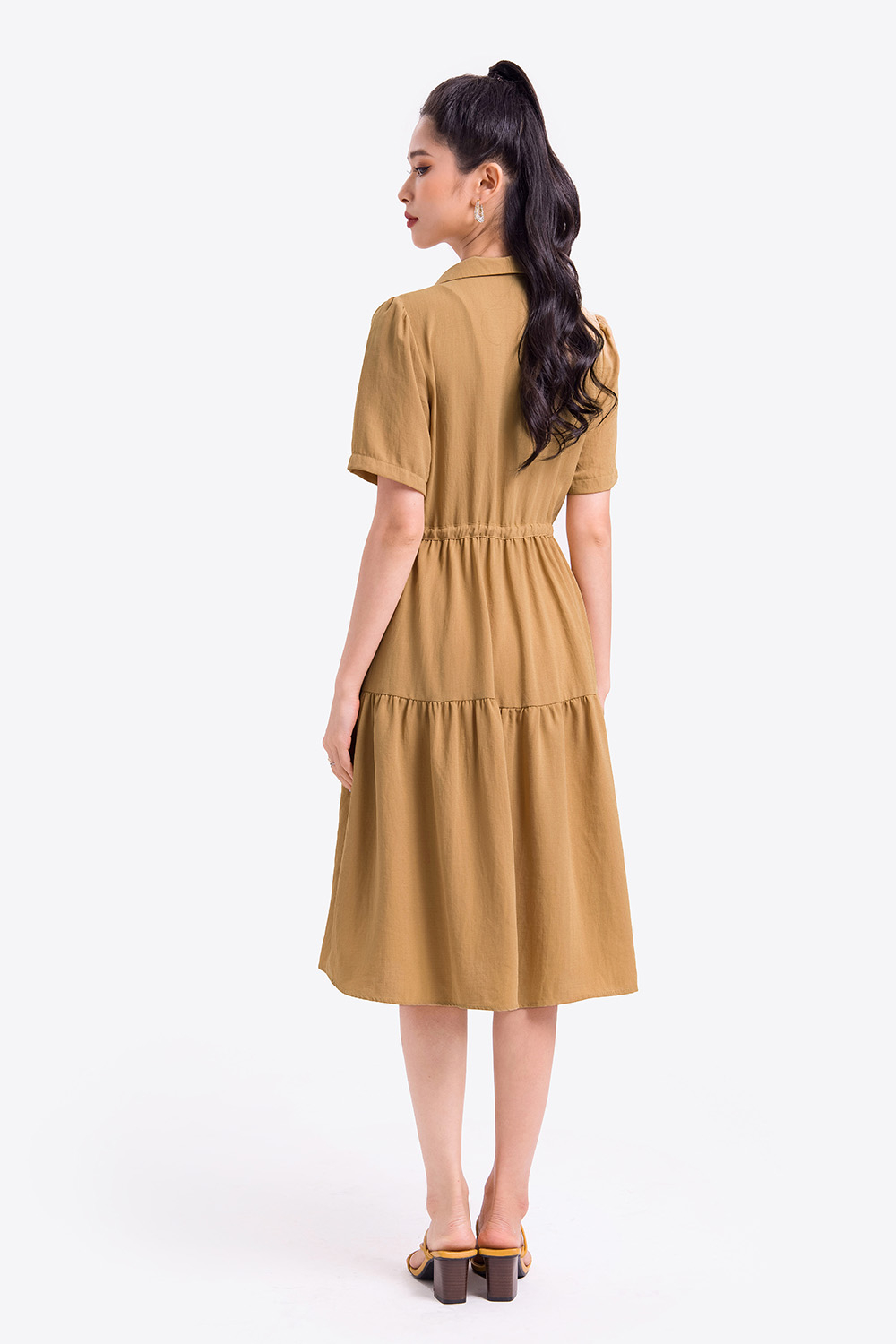 Đầm xòe sơ mi eo rút dây thắt nơ 