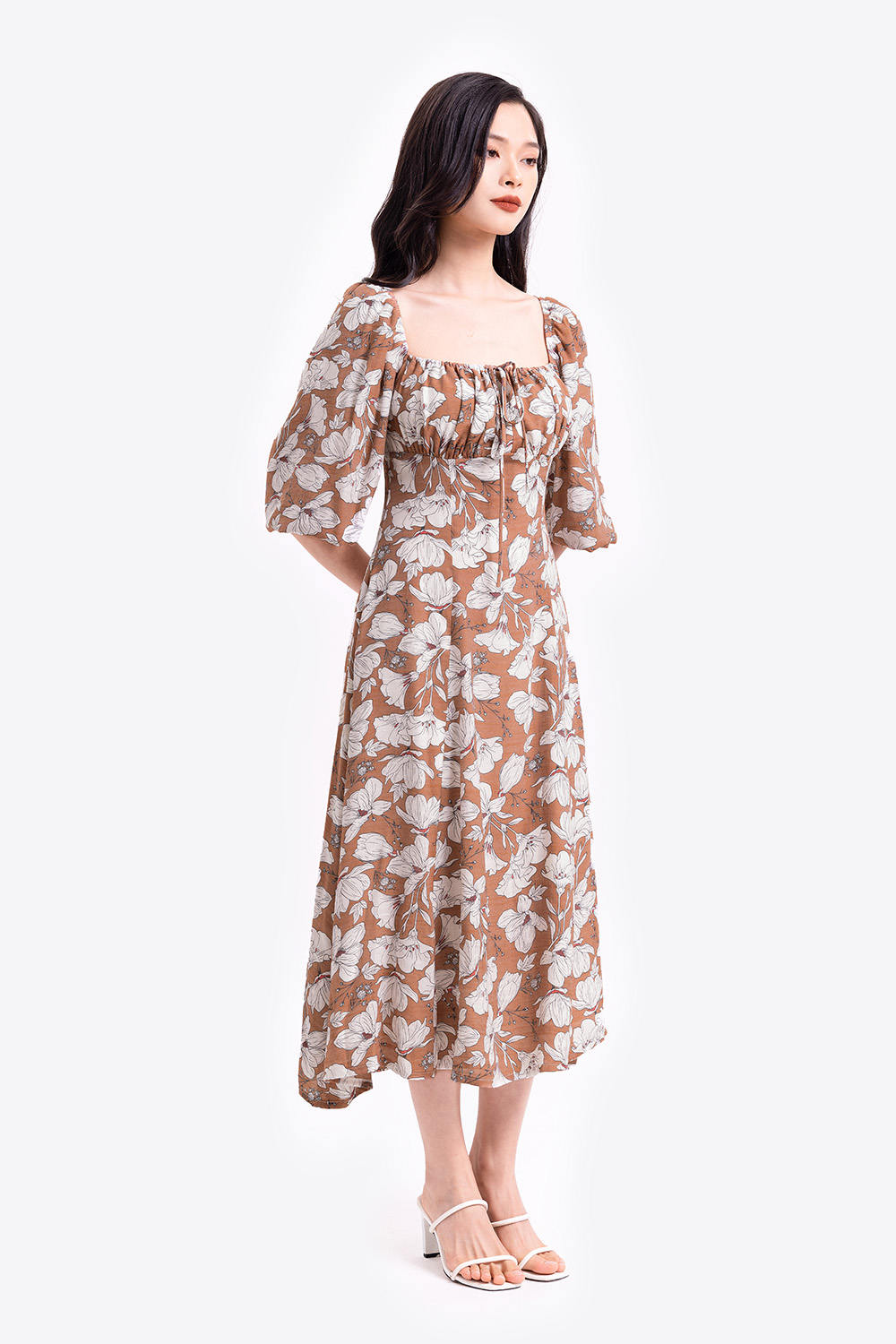 Đầm hoa midi cổ vuông tay phồng