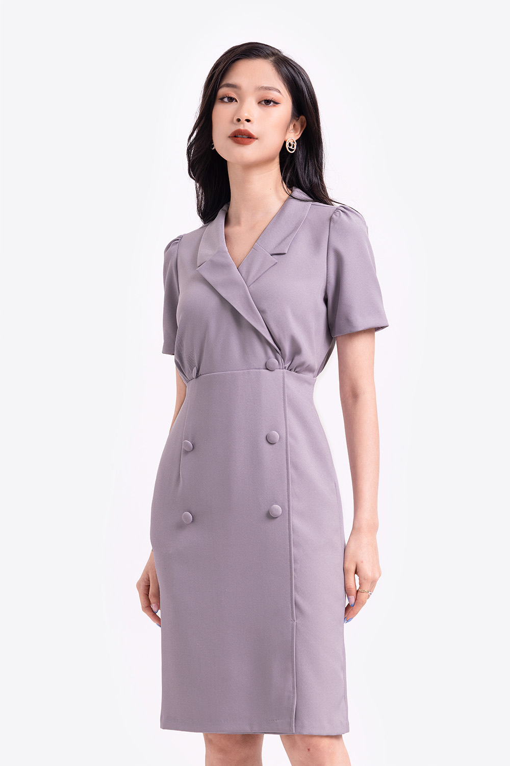 Đầm công sở cổ đan tông phối nút 