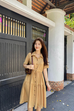 Đầm xòe sơ mi eo rút dây thắt nơ 