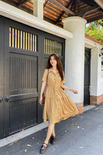Đầm xòe sơ mi eo rút dây thắt nơ 