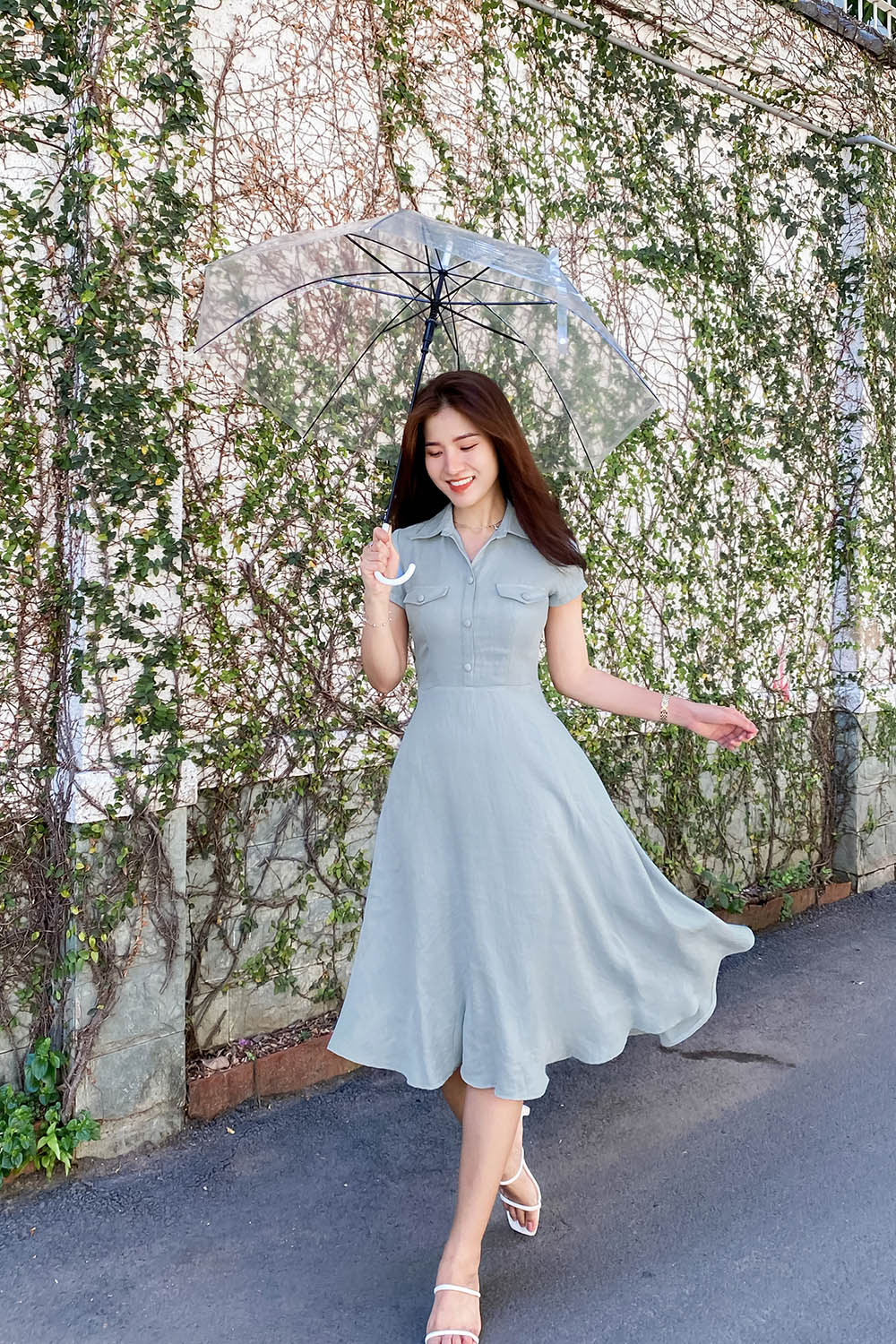 Đầm công sở dáng xòe cổ sơ mi 