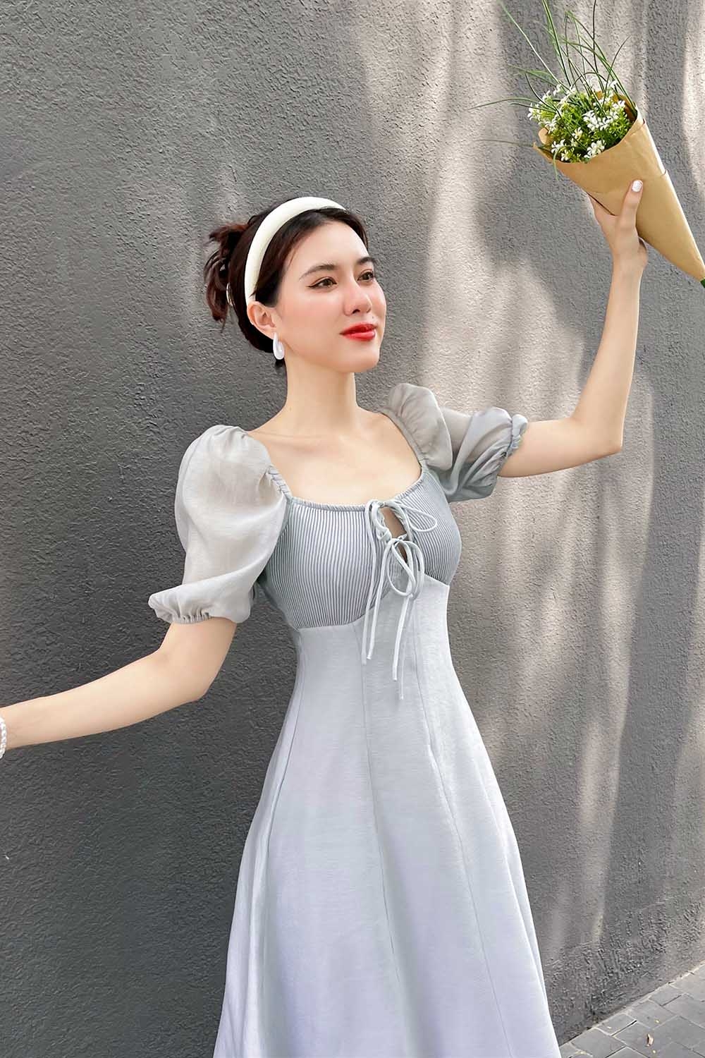 Đầm xòe công sở ngực xếp ly tay phồng 