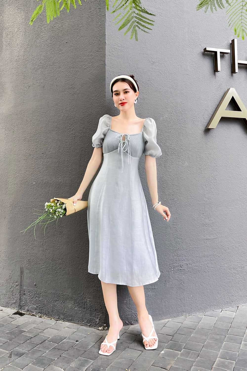 Đầm xòe công sở ngực xếp ly tay phồng 