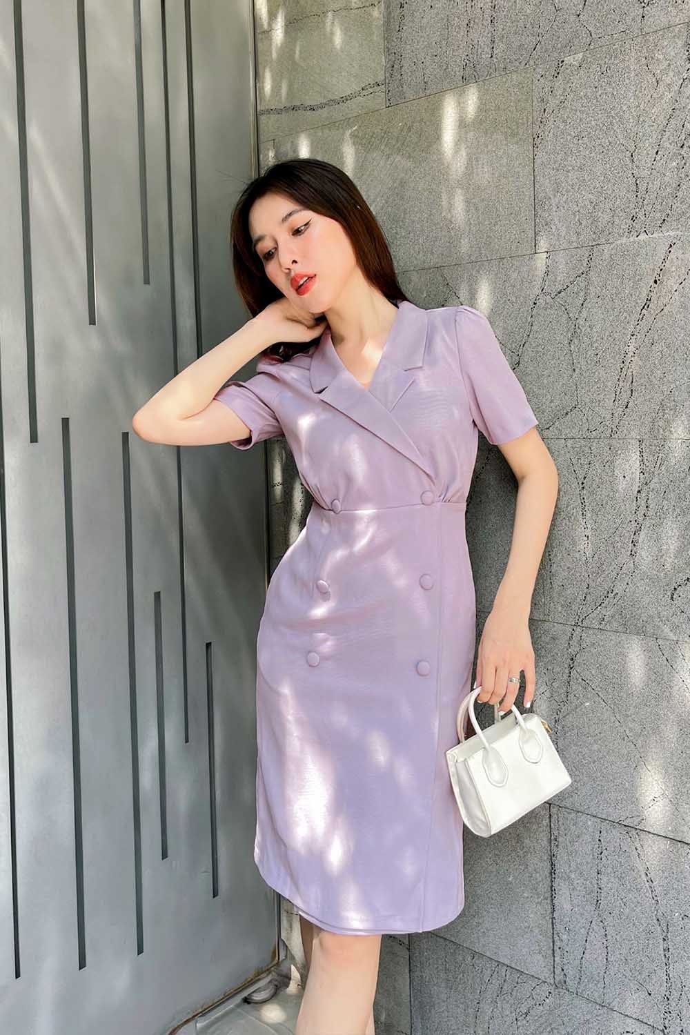 Đầm công sở cổ đan tông phối nút 