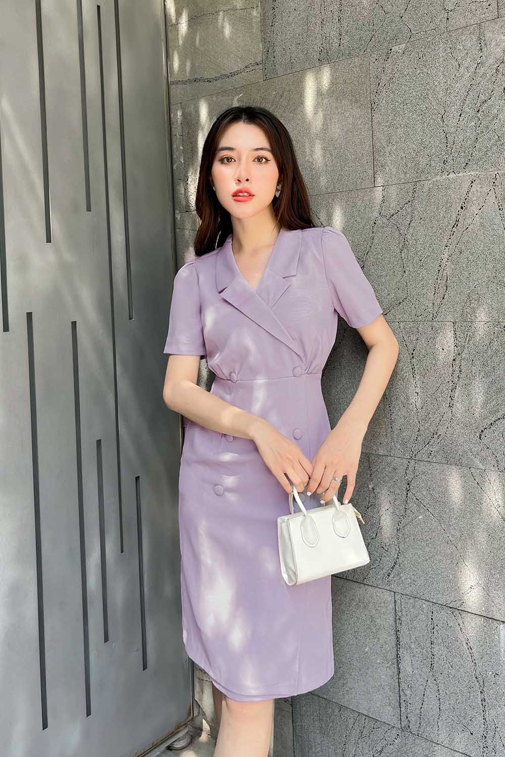 Đầm công sở cổ đan tông phối nút 