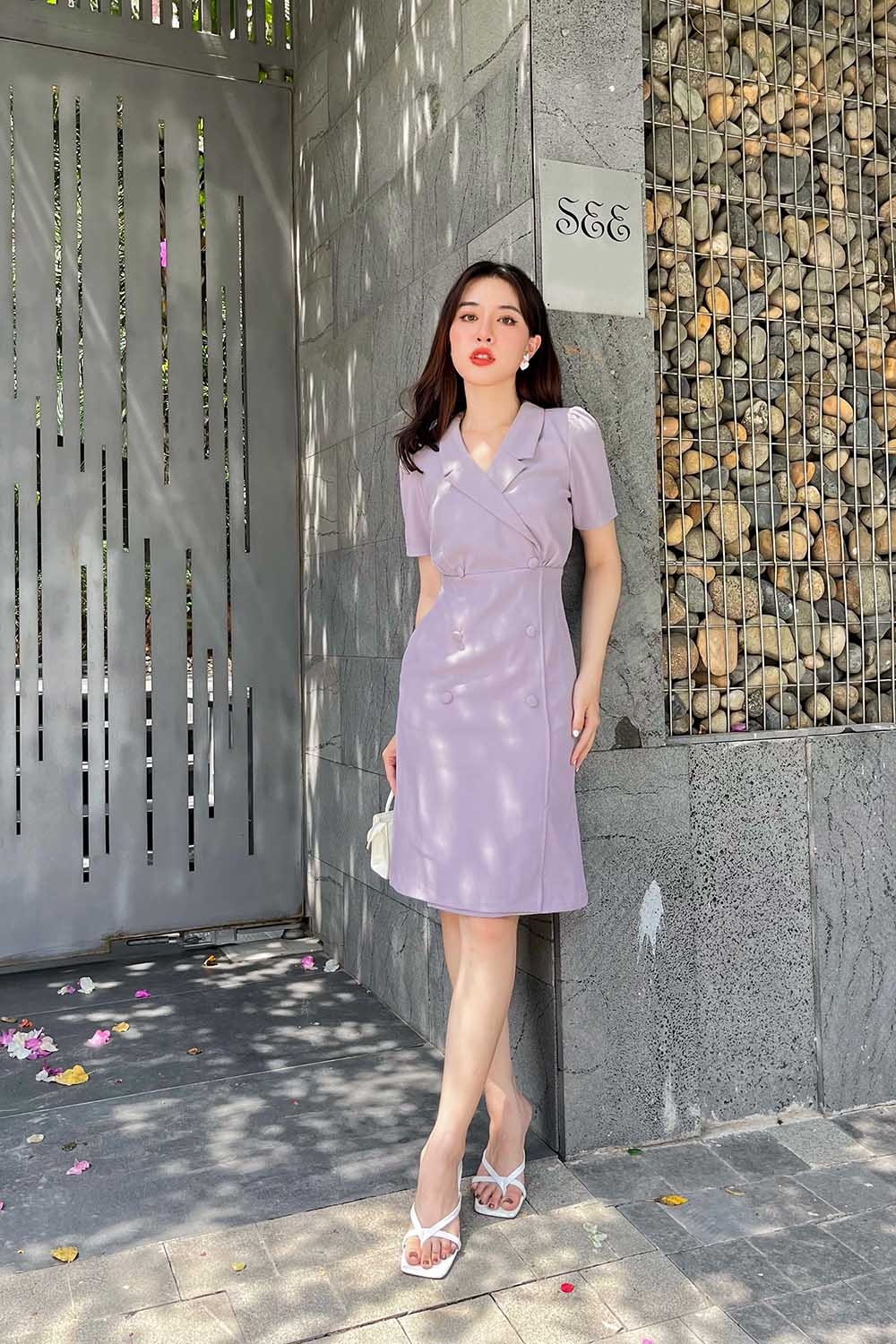 Đầm công sở cổ đan tông phối nút 