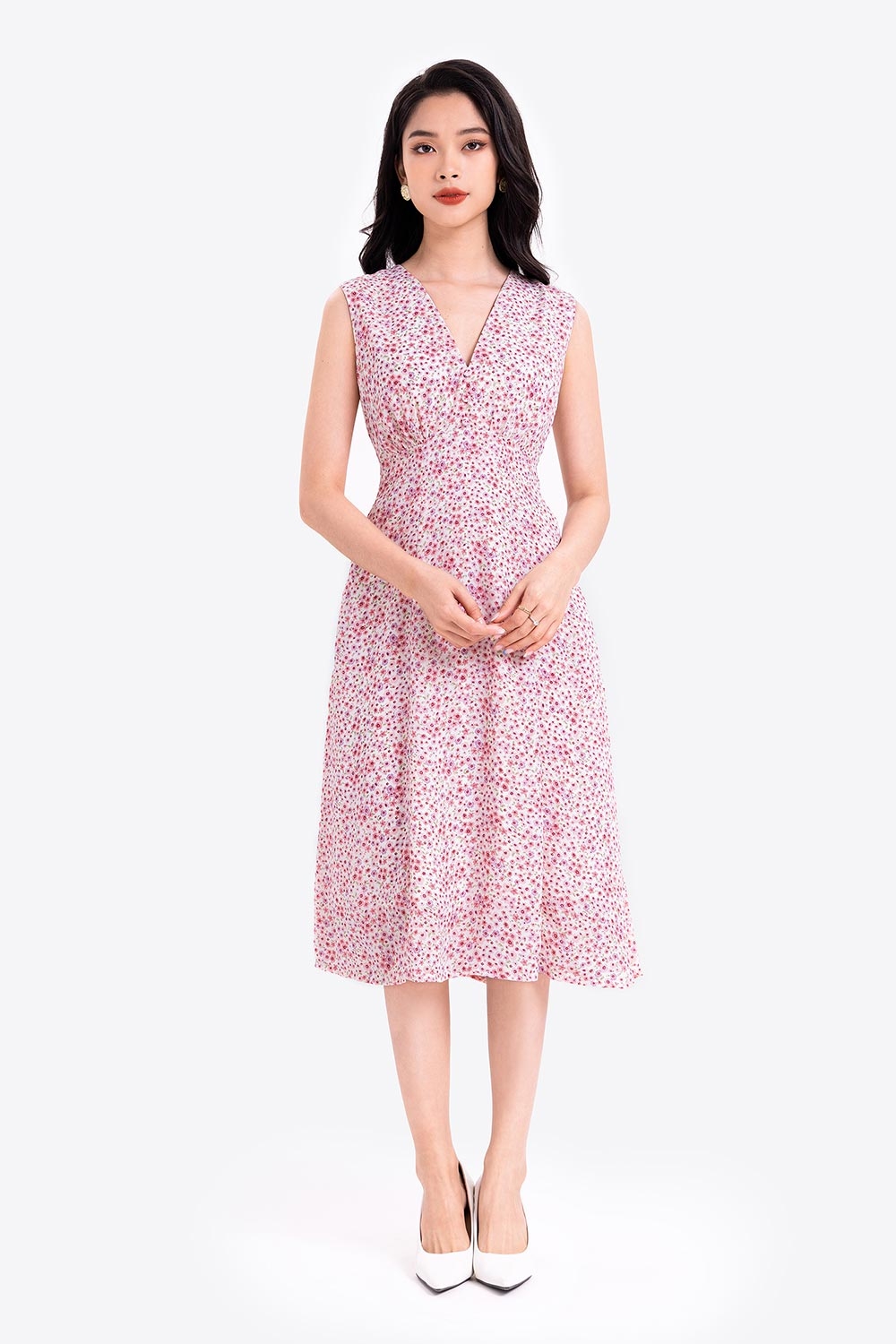 Đầm xòe hoa nhí sát nách 