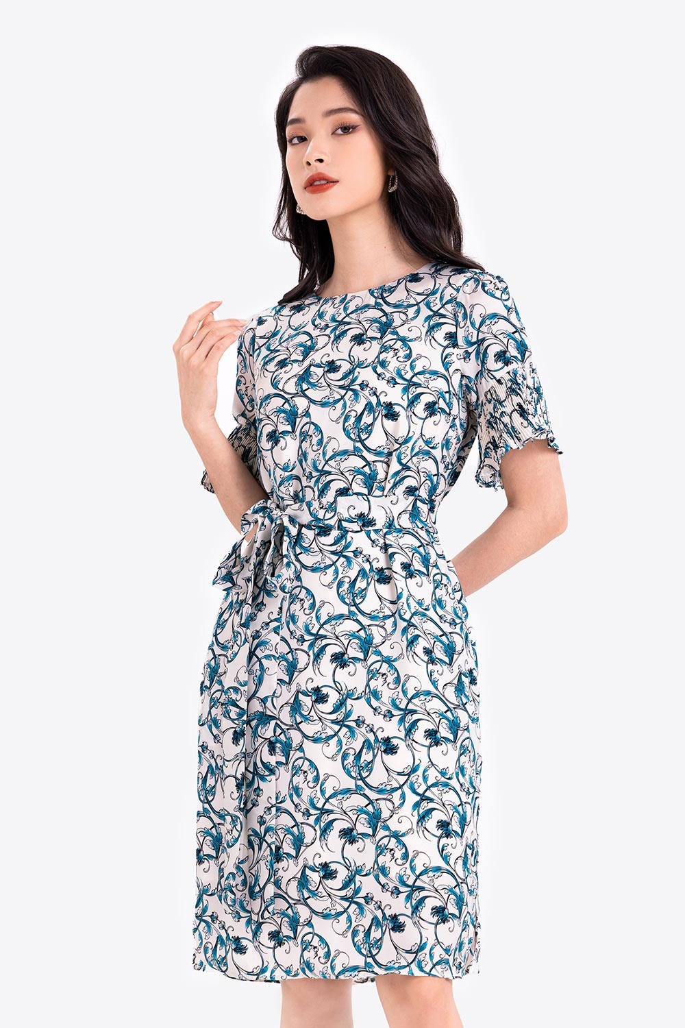 Đầm công sở nữ họa tiết eo thắt nơ 