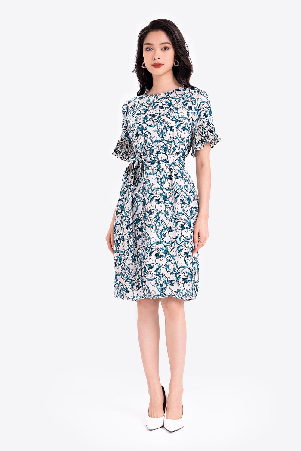 Đầm công sở nữ họa tiết eo thắt nơ 