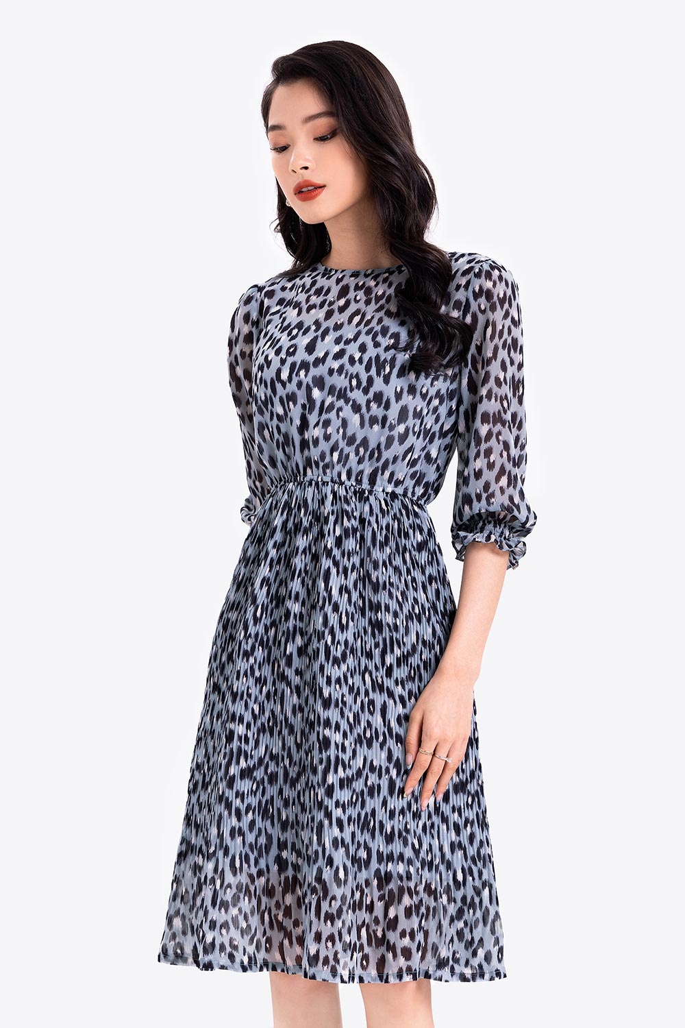 Đầm công sở dáng xòe dập ly 