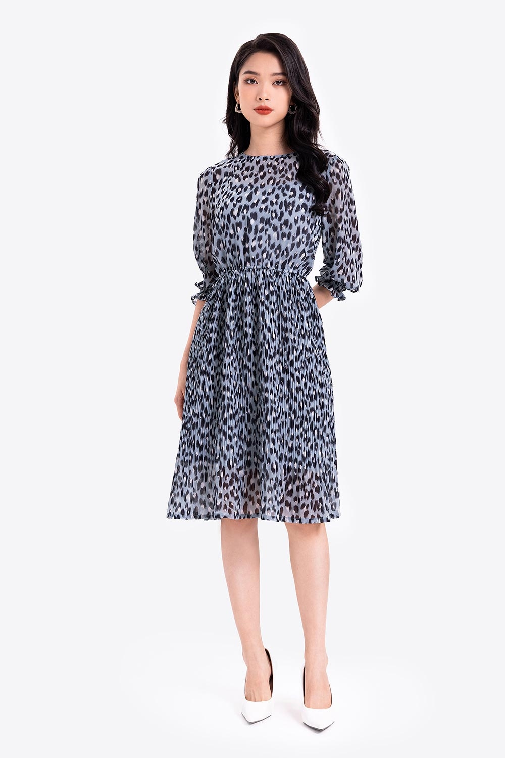 Đầm công sở dáng xòe dập ly 