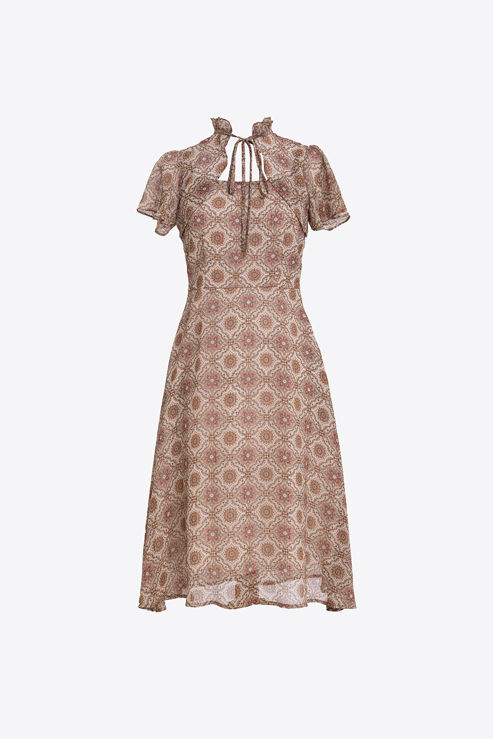 Đầm công sở họa tiết dáng xòe cổ đính nơ 