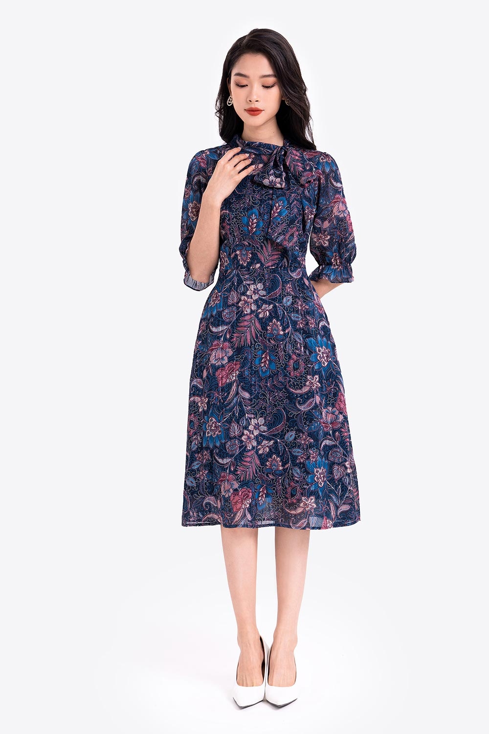 Đầm hoa công sở đẹp dáng xòe 