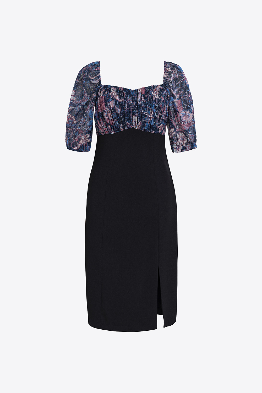 Đầm đen công sở phối hoa ngực xếp ly