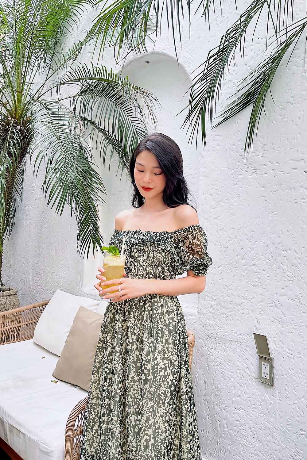 Đầm voan họa tiết cổ viền bèo dáng xòe