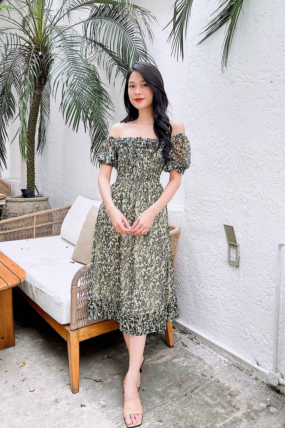 Đầm voan họa tiết cổ viền bèo dáng xòe